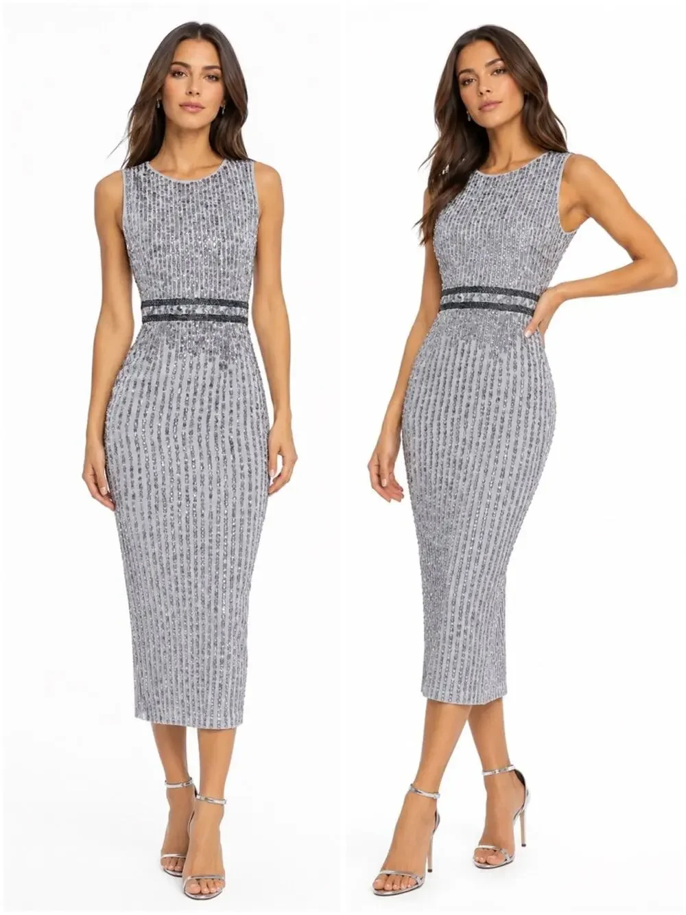 Mac Duggal Platinum Beaded Sequin Midi Sheath Dress Silver Gray Size 8 NWT
